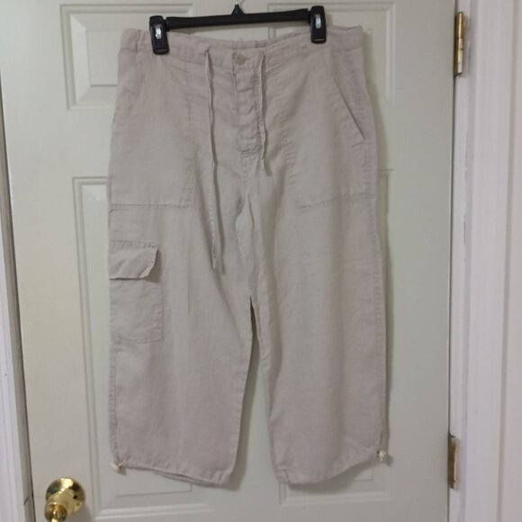 Elan 100% Linen Cargo Capri Pants Size M Womens Beige - Picture 1 of 9